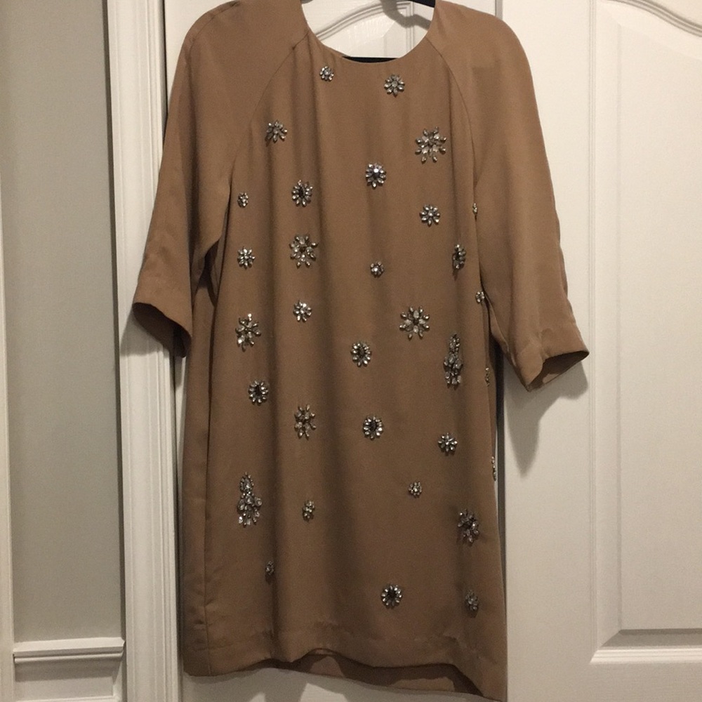 H&M crystal embellished tan dress Sz 10